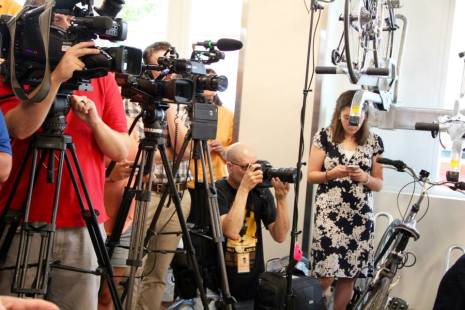 Media from across the county filled the bicycle storage room at DART Central Station to hear Hillary Clinton speak.